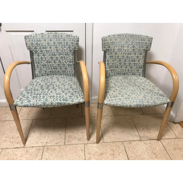 unique sculptural chair set, 90s memphis post-modern italian style. mixed warm maple bent wood and silver metal pencil...