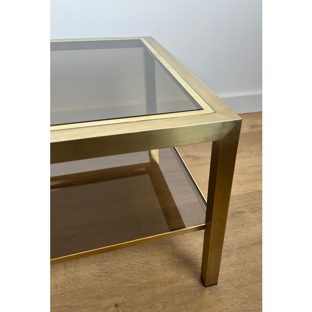 1970s Pair of large brass side tables with smoked glass For Sale - Image 11 of 12