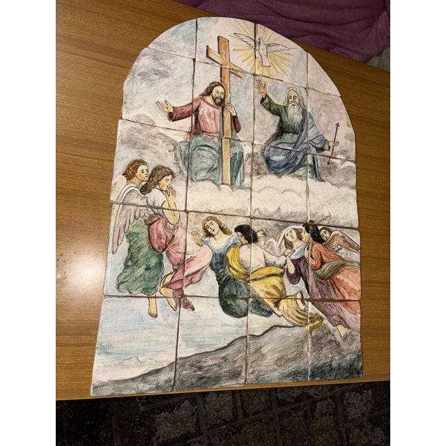 Ceramic altarpiece (panel of hand-painted tiles) with a Catholic religious subject, depicting the Holy Trinity (with Jesus...