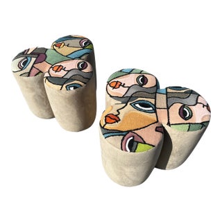 Pair of Designer Poufs, Stools, Ottomans, Patchwork Fabric, Italy For Sale