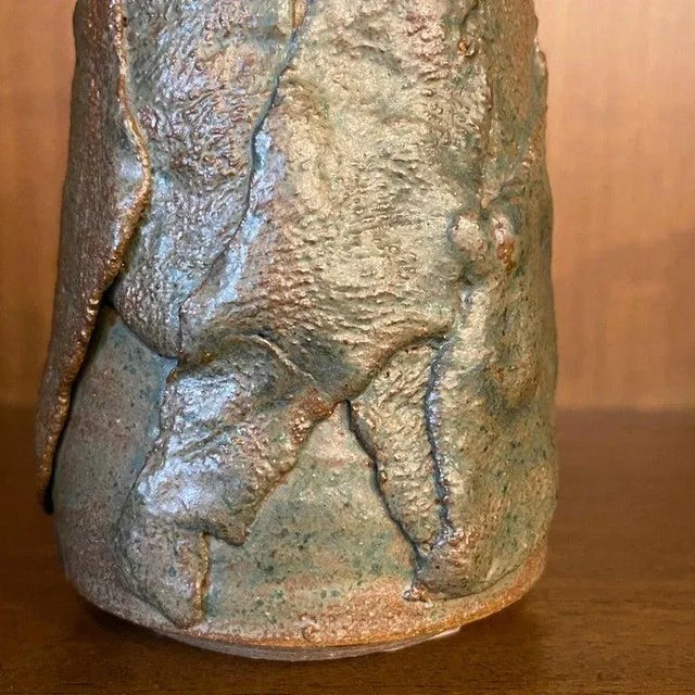Army Green Mid-Century Modern Hand-Made Abstract Art Pottery Vase For Sale - Image 8 of 9