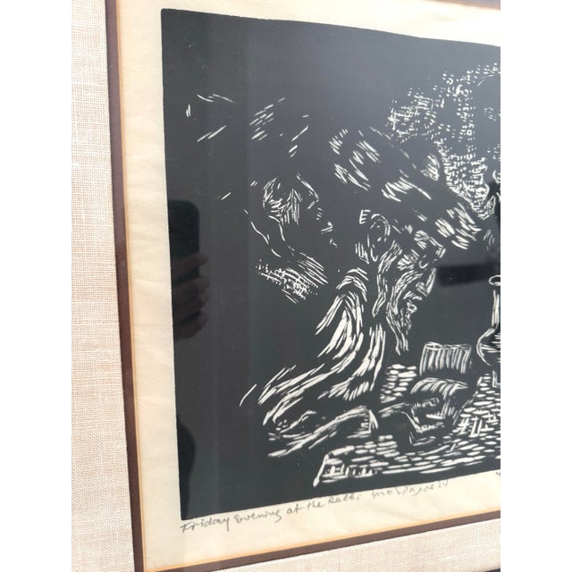 Vintage 1953 Miron Sima Woodblock Print “Friday Evening at the Rabbi” Signed Jewish Wall Art For Sale In Portland, ME - Image 6 of 12