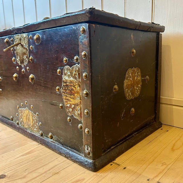 Wood Antique Dutch Chest with Applied Brass Decoration and Key, 1700s For Sale - Image 7 of 11