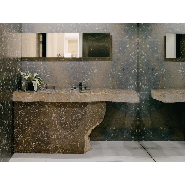 Unique erosion sink in jurassic fossil stone by nerinea. Dimensions: w 120 x d 55 x h 12 cm. Materials: natural stone...