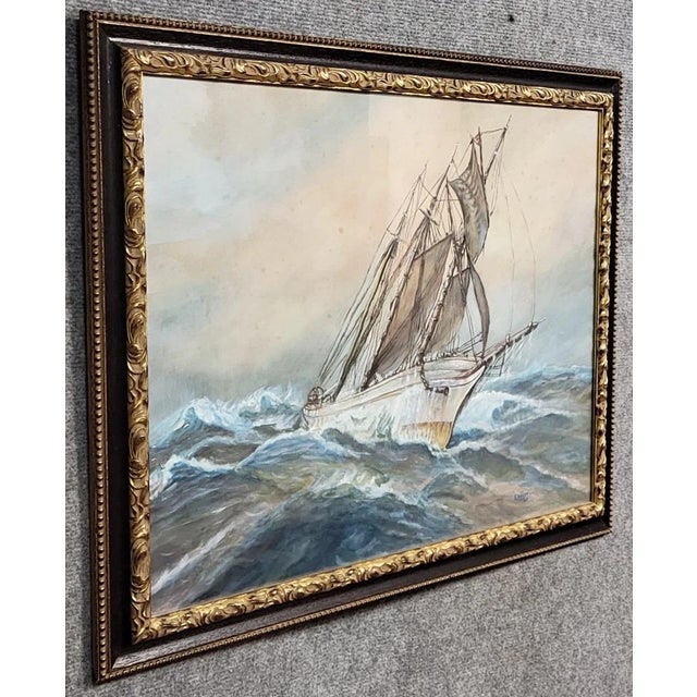 Frederick R. Wagner (1864-1940): Watercolor painting of a sailboat on a stormy sea Highly regarded artist Black and gold...