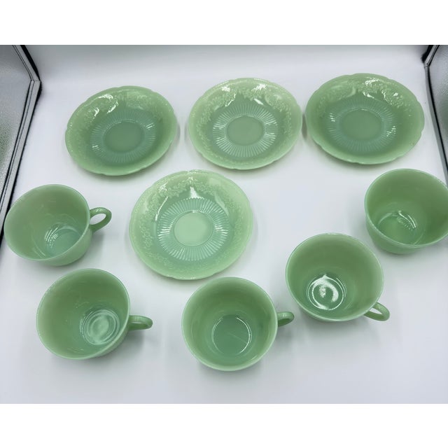 1940s Anchor Hocking Fire King Alice Jadeite Coffee Tea Cup & Saucer 9pc Lot For Sale - Image 14 of 14