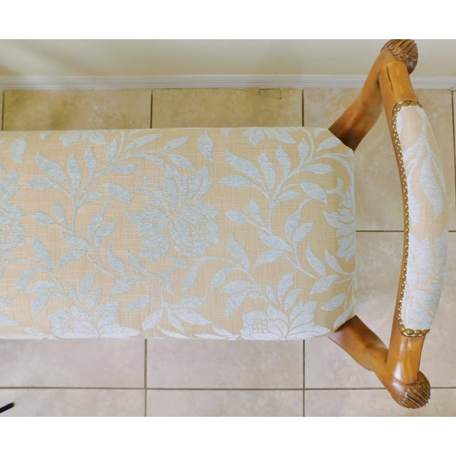 Vintage Light Blue & Beige Upholstered Brass Studded Carved Wood Bench For Sale - Image 9 of 13