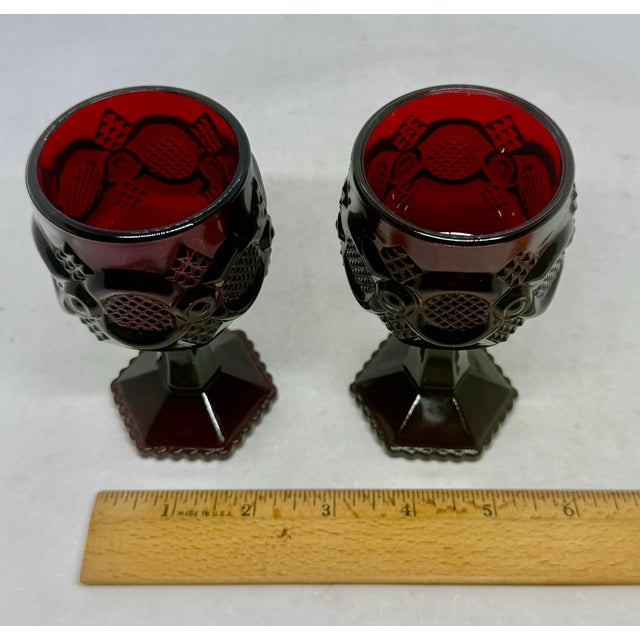 Vintage Avon 1876 Cape Cod Ruby Red Collection 4 1/2” Wine Glasses - A Pair For Sale - Image 10 of 11