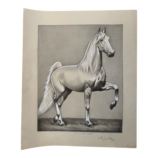 1940s Original Signed Graphite Illustration of "The Golden Horse," 12 × 10 In. For Sale