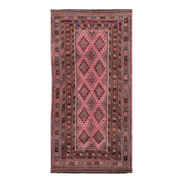 Maimana Kilim Gallery Rug, Handwoven Wool, 8x16, Rose & Chocolate For Sale
