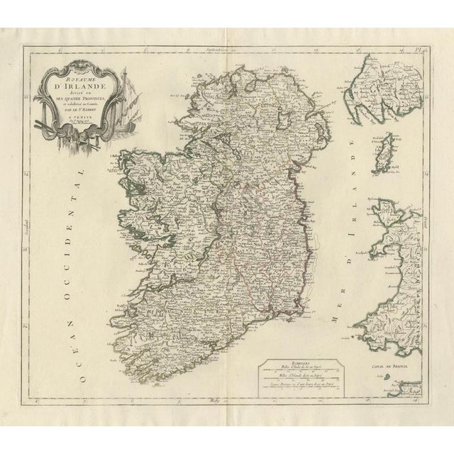 This finely engraved 18th-century map depicts the Kingdom of Ireland under the title Royaume d’Irlande divisé en ses...