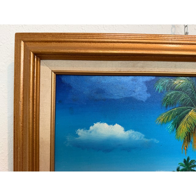 Paint Tropical Beach Oil Painting Signed M Gordon, Palm Tree Seascape, Caribbean Coast For Sale - Image 7 of 13