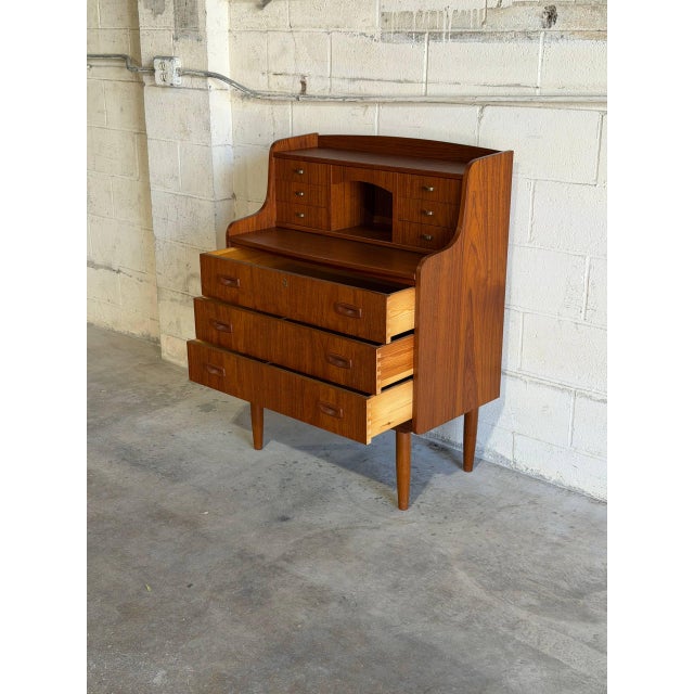 Teak Brown Vanity Desk Secretary Bureau Combo Storage Cabinet Denmark 1960s For Sale - Image 4 of 10