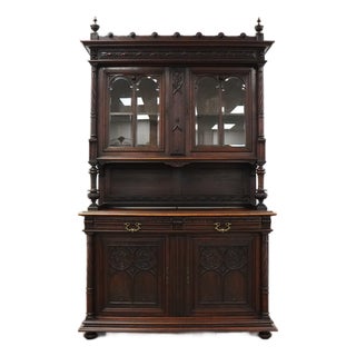 Vintage Gothic Revival Style Walnut Hutch Cabinet For Sale