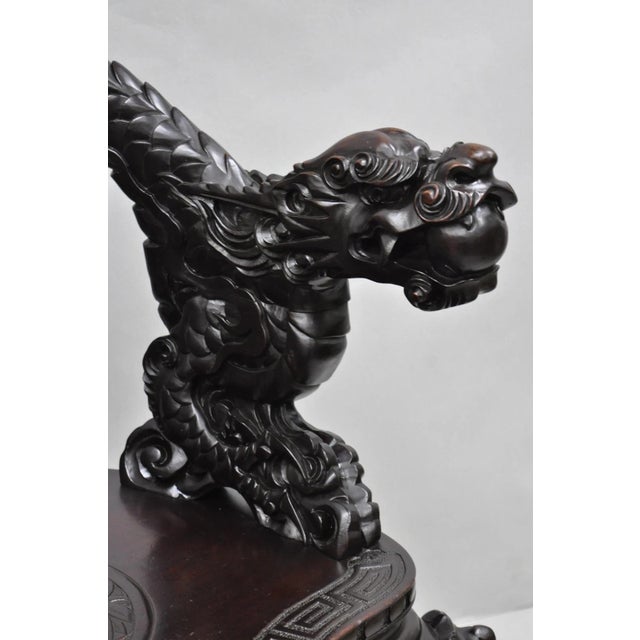 Antique Japanese Dragon Carved Wood Export Oriental Palace Lounge Arm Chair For Sale - Image 10 of 18