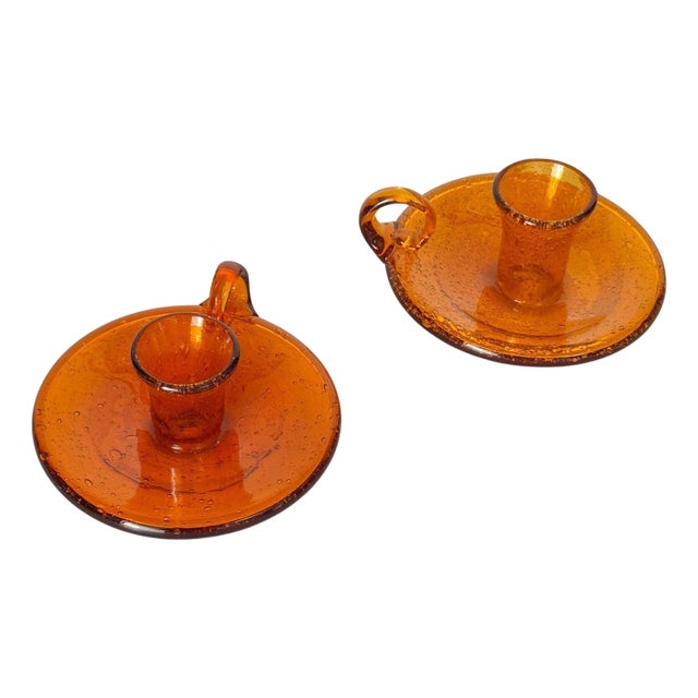 Orange Bubble Glass Candleholders, 1960s, Set of 2 For Sale