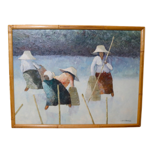 1980s Original Vintage v. Chaiduang Thai Impressionism Ladies Fishing Oil Painting Art