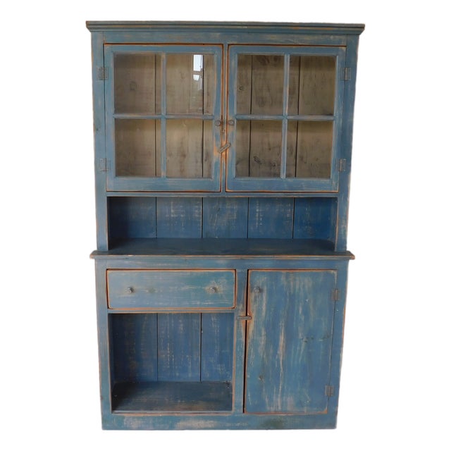 Primitive Shaker Style Paint Distressed Step Back Cabinet by Ezra G Tiffin Ohio For Sale