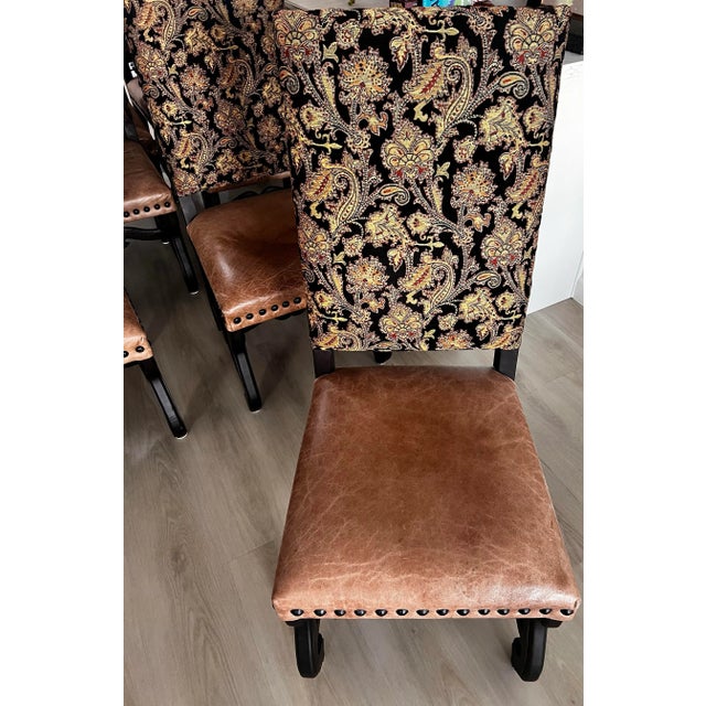 Set of 8 Dining Chairs – Leather Seats, Tapestry Backs, Nailhead Detail For Sale - Image 4 of 12