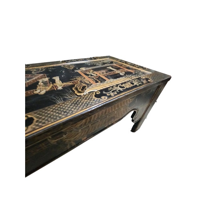 Striking 70″ vintage black lacquer Chinoiserie console / altar table featuring hand-painted Oriental garden and...
