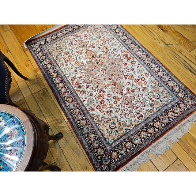 Ivory Vintage Persian Qum Area Rug, Hand-Knotted Silk, Floral Pattern, Ivory & Navy, 3x5 For Sale - Image 8 of 18