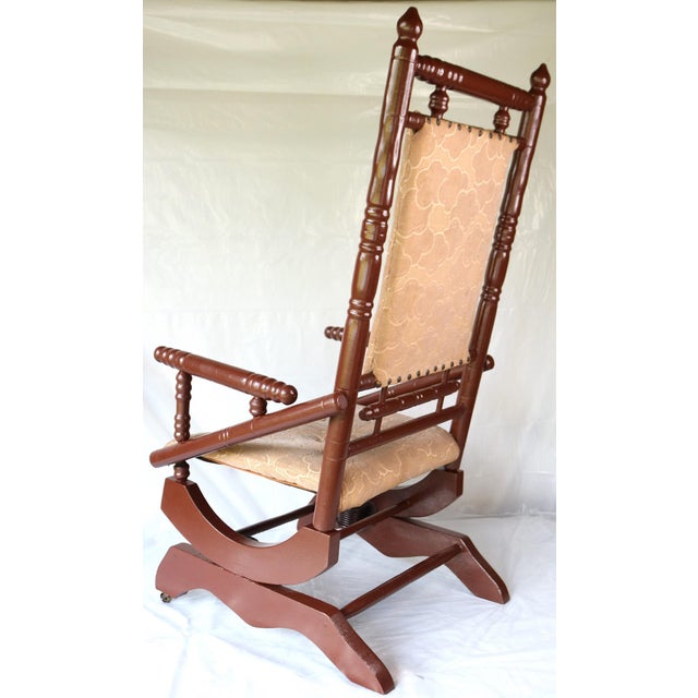 1910s Antique Upholstered Oak Platform Rocker / Spring Rocker ~ Circa 1915 For Sale - Image 5 of 12