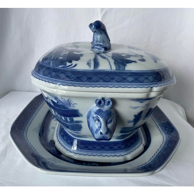 Beautiful Mottahedeh Canton Blue and White Octagonal Tureen and Lid with Platter. Boars head handles. So named for the...