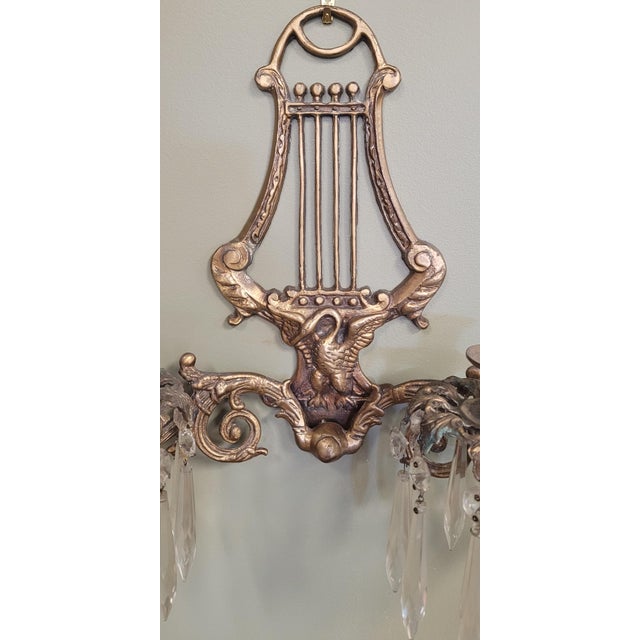 A Pair 1930s Brass & Crystal Swan Candle Wall Sconces For Sale In Philadelphia - Image 6 of 10