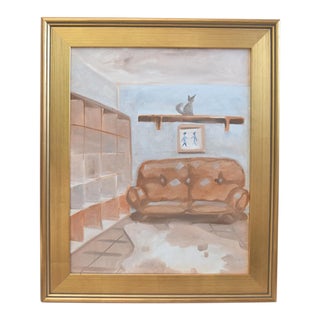 Interior Cat Still Life Figure Painting Including the Antiqued Gold Wood Frame For Sale
