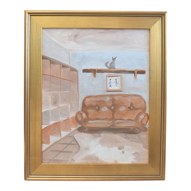 Interior Cat Still Life Figure Painting Including the Antiqued Gold Wood Frame For Sale