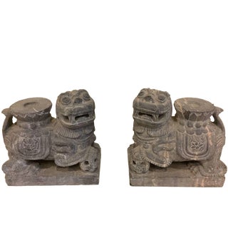 Pair Stone Foo Dogs Candle Holders Garden Statues For Sale