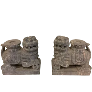 Pair Stone Foo Dogs Candle Holders Garden Statues