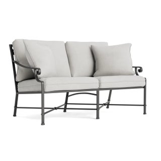 Brown Jordan Venetian Loveseat, Textured Pewter frame with Fusion Dove fabric For Sale