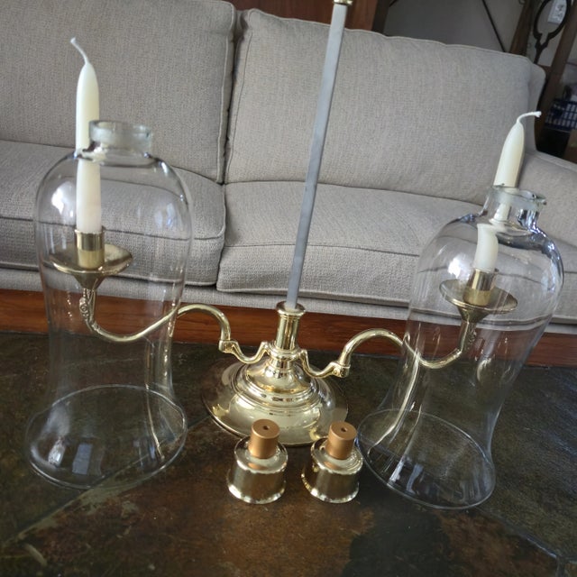 Traditional 1980s Baldwin Brass Traditional Solid Brass Lacquered Candleabra With Glass Chimneys For Sale - Image 3 of 8