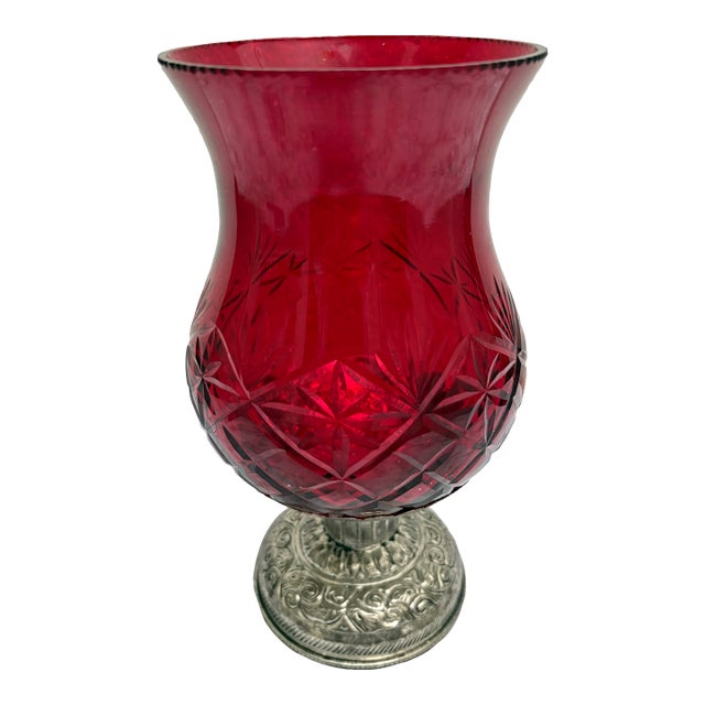 Vintage Red Cut Glass Candle Vessel Lantern or Vase For Sale