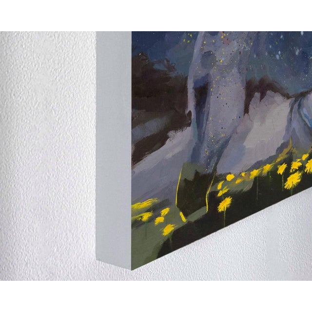 Stardust by Shelli Langdale | Oil on gallery panel Horse grazing among yellow flowers at night. For Sale - Image 4 of 5