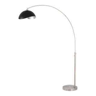 1960s Nova of California Mid Century Luna Bella Floor Lamp - Modern Arc Lamp, Satin Nickel, Matte Black/Silver Shade, Dimmable For Sale