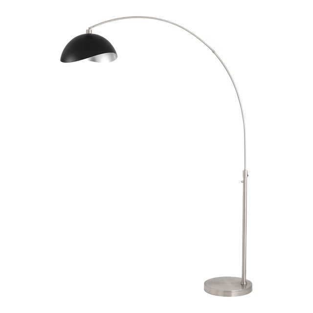 1960s Nova of California Mid Century Luna Bella Floor Lamp - Modern Arc Lamp, Satin Nickel, Matte Black/Silver Shade, Dimmable For Sale