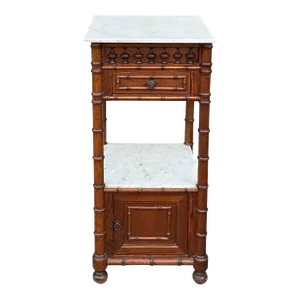 19th-C. French Pine Faux Bamboo Marble Top Stand / Pedestal / Side Table