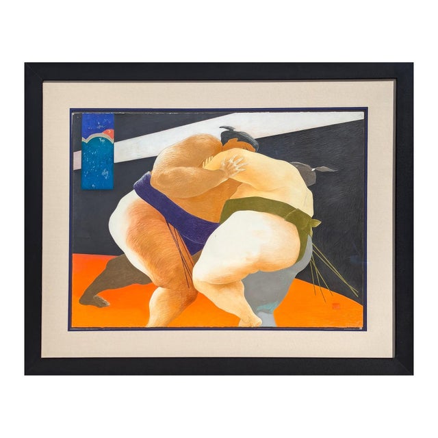 Late 20th Century Phyllis Steele Modern Colorful Pastel Drawing of a Pair of Sumo Wrestlers in Blue and Green, 20th Century For Sale - Image 5 of 12