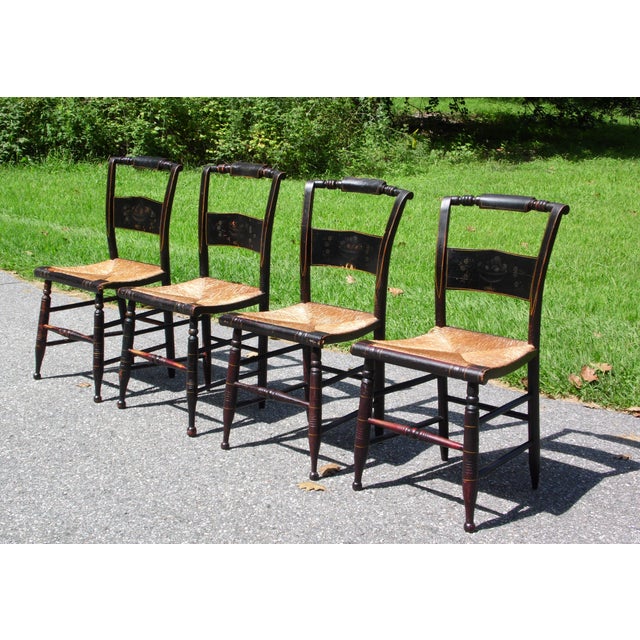 Antique Set of 4 Hitchcock Pillow Back Rush Seat Stenciled Ct Farmhouse