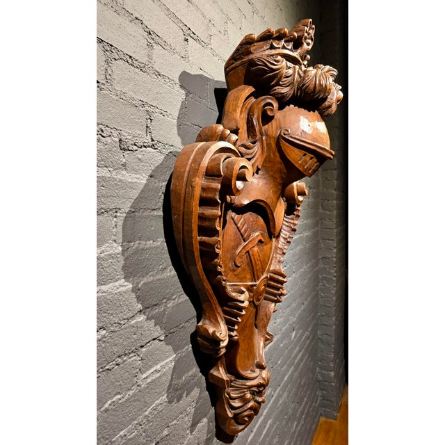 Mid 19th Century 19th Century Hand Carved Heraldic Wall Crest W/ Armored Knight Motif For Sale - Image 5 of 12