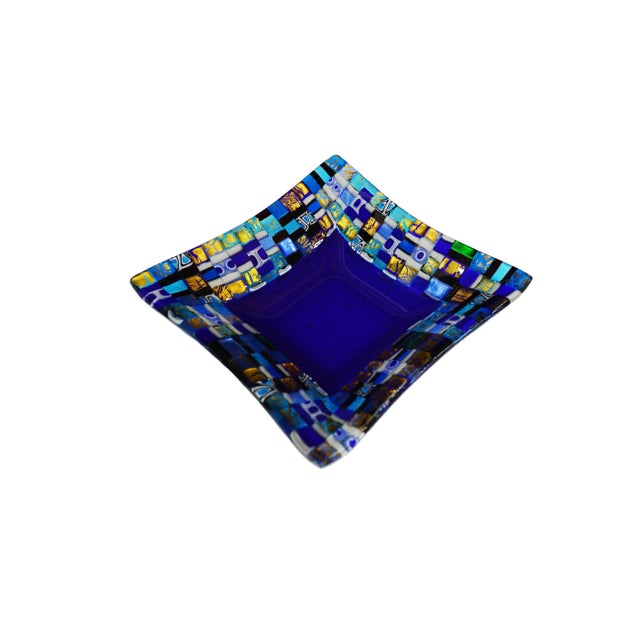 - Decorative plate in Murano glass - Central decoration in clear blue glass and multicolored side decorations -...