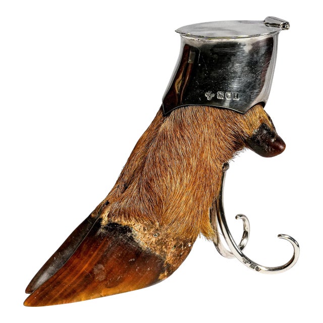 Country Sporting Decor Antique English Sterling Silver Mounted Deer Hoof Taxidermy Inkwell For Sale