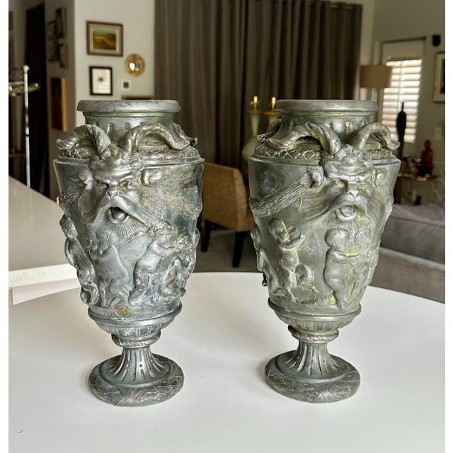 Pair French Metal Urns With Satyr and Putti For Sale - Image 4 of 18