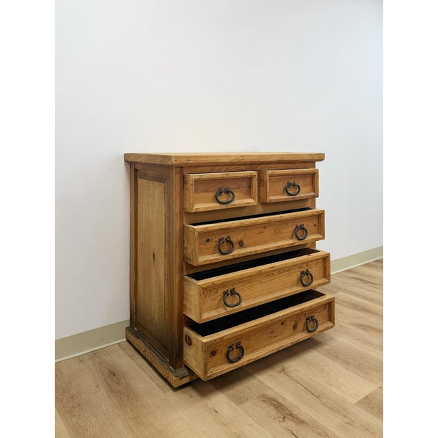 Late 20th Century Mexican Solid Pine Five Drawer Dresser Wrought Iron Pulls Rustic Farmhouse Chest For Sale - Image 10 of 13