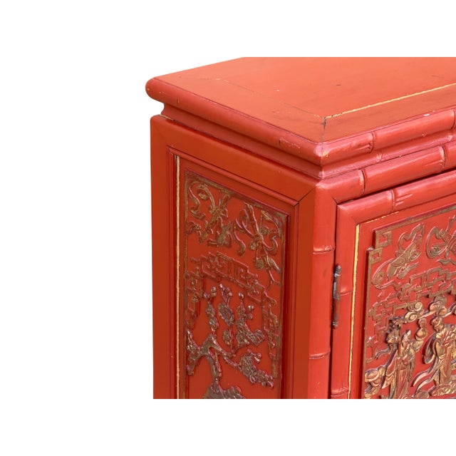Oriental Red Matte Golden Relief Carving Small Cabinet Chest For Sale - Image 10 of 13