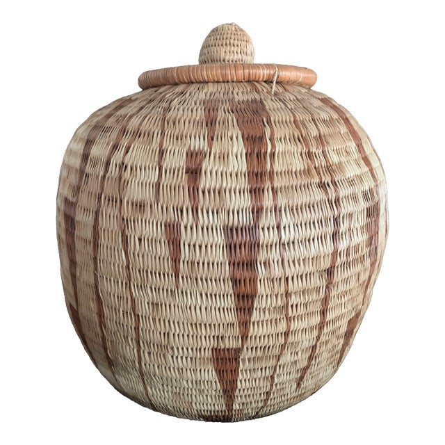 Coiled Basket With Lid From Botswana 10.5" African Tribal Art For Sale