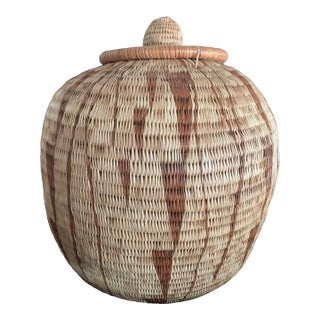 Share Vintage Botswana Coiled Basket With Lid 10.5" African Tribal Art Ginger Jar For Sale