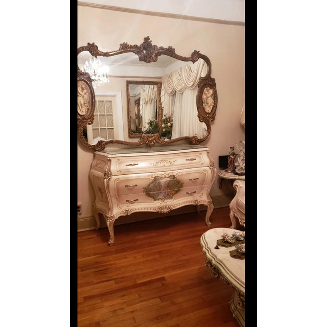 French Vintage French Italian Rococo Louis XV Gold Wall Mantle Mirror Porcelain Figures For Sale - Image 3 of 7